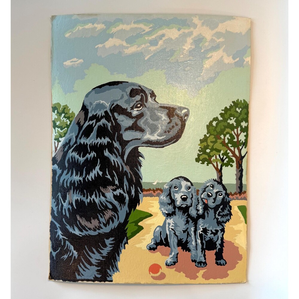 Vintage Paint by Number Black Cocker Spaniel Dog with Puppies, dog art